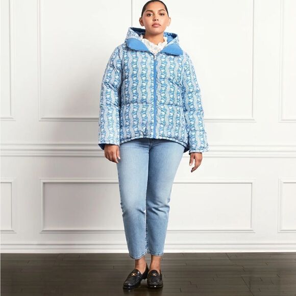 Hill House Reversible Edie Puffer Jacket in Blue Linear Floral NWT - Picture 3 of 16